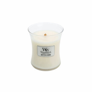 Mini white tea and jasmine woodwick scented soy candle from funky gifts nz