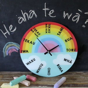 Te Reo Maori Glass Clock - Uenuku (Rainbow) - Funky Gifts NZ